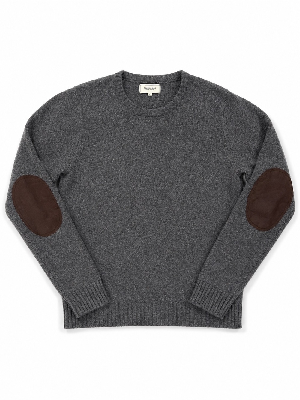 Frank & Oak Gray Wool Blend Crewneck Sweater Elbow Patches Men’s Knit Heritage